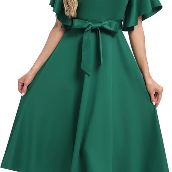 Women's Cocktail Dress Polyester V-Neck Ruffled Sleeve Elegant Party Wear - Picture 4 of 8